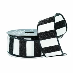 1.5" x 10yd. White & Black Glitter Stripes Wired Taffeta Ribbon by Celebrate It®