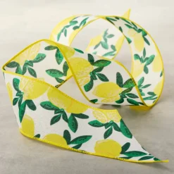 2.5" x 3yd. Wired Yellow Lemon Faux Linen Ribbon by Celebrate It®