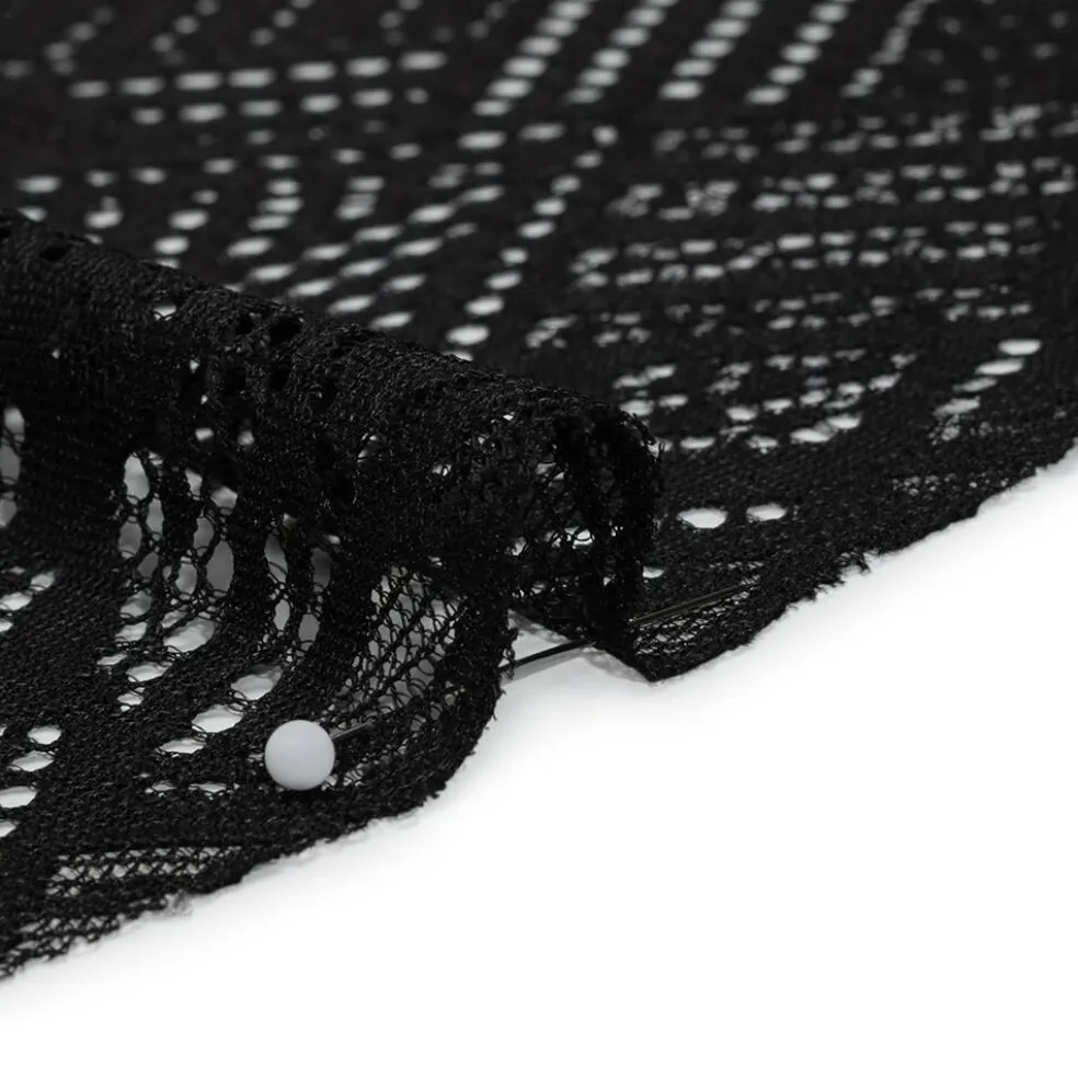 1 Yard Black Raschel Lace Fabric Geometry Leaves Organic Edge Sheer 100% Nylon, Panel Length 50"