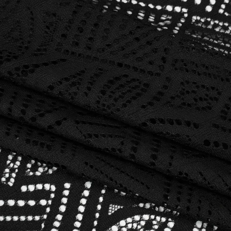1 Yard Black Raschel Lace Fabric Geometry Leaves Organic Edge Sheer 100% Nylon, Panel Length 50"