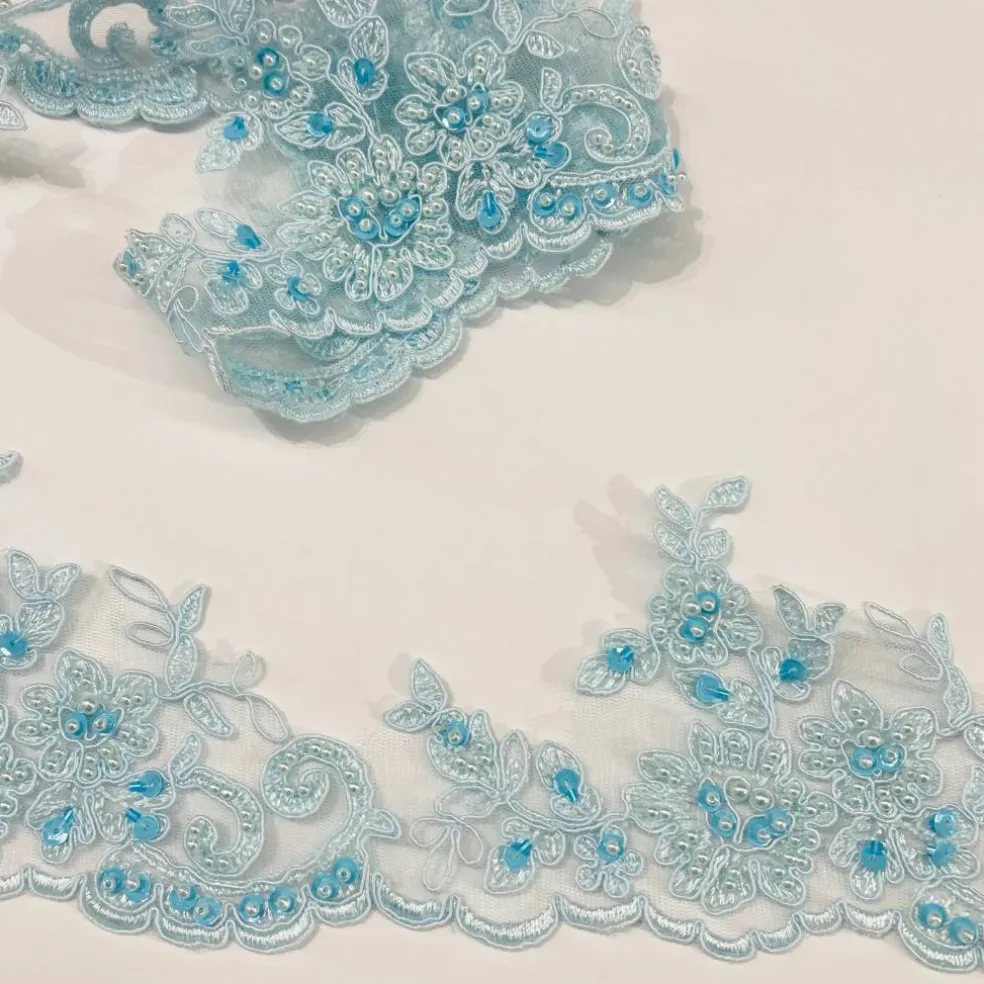 1 Yard Embroidered on 100% Polyester Organza 4.5″ Wide Beaded & Corded Lace Trimming