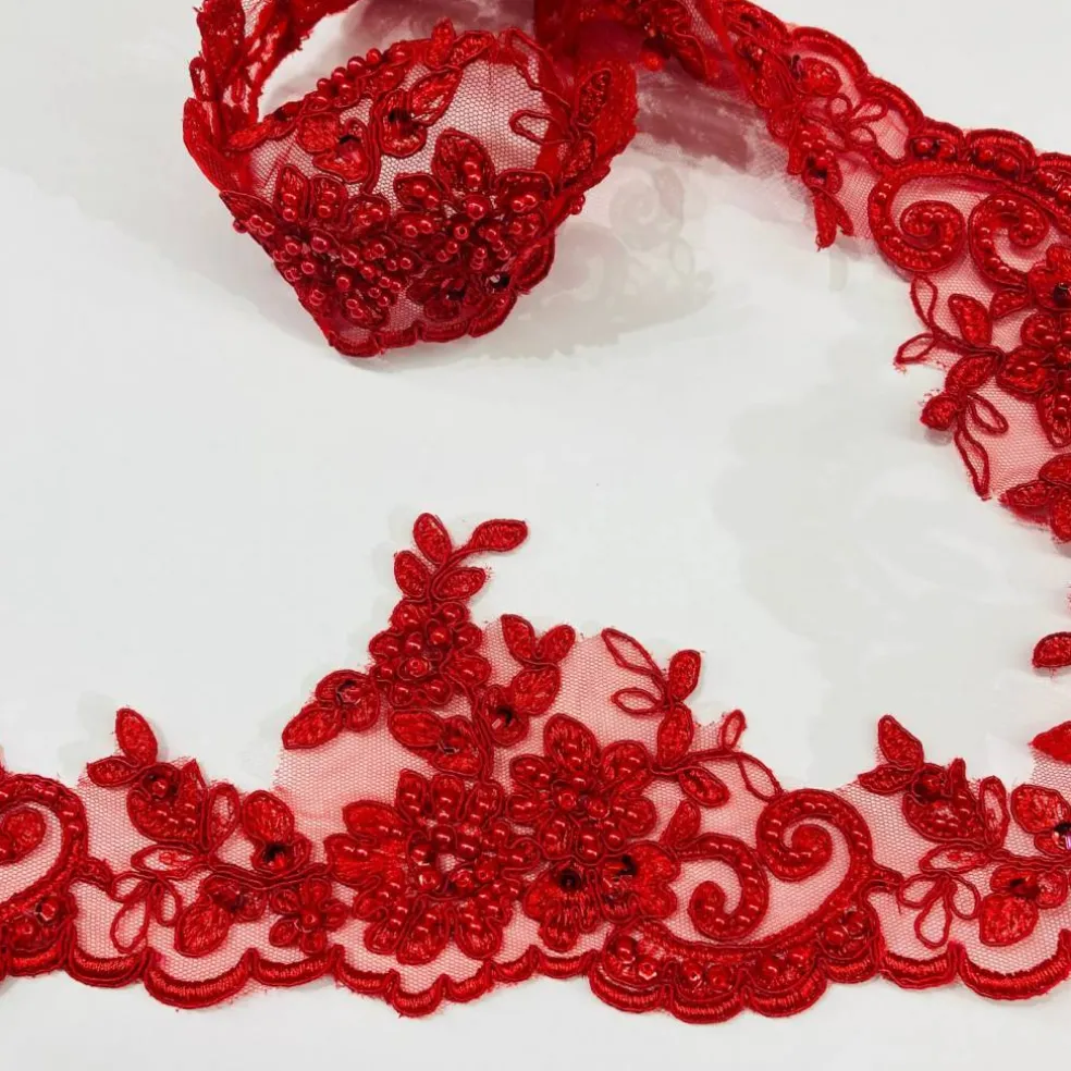 1 Yard Embroidered on 100% Polyester Organza 4.5″ Wide Beaded & Corded Lace Trimming