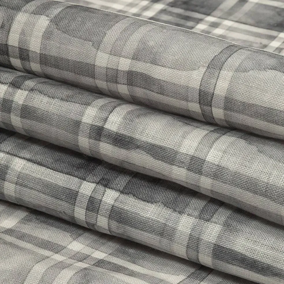 1 Yard Gray White Watercolor Plaid Medium-Weight Linen Woven Fabric