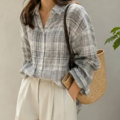 1 Yard Gray White Watercolor Plaid Medium-Weight Linen Woven Fabric