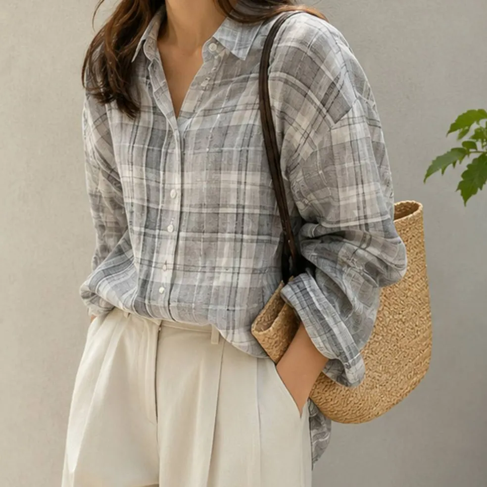 1 Yard Gray White Watercolor Plaid Medium-Weight Linen Woven Fabric