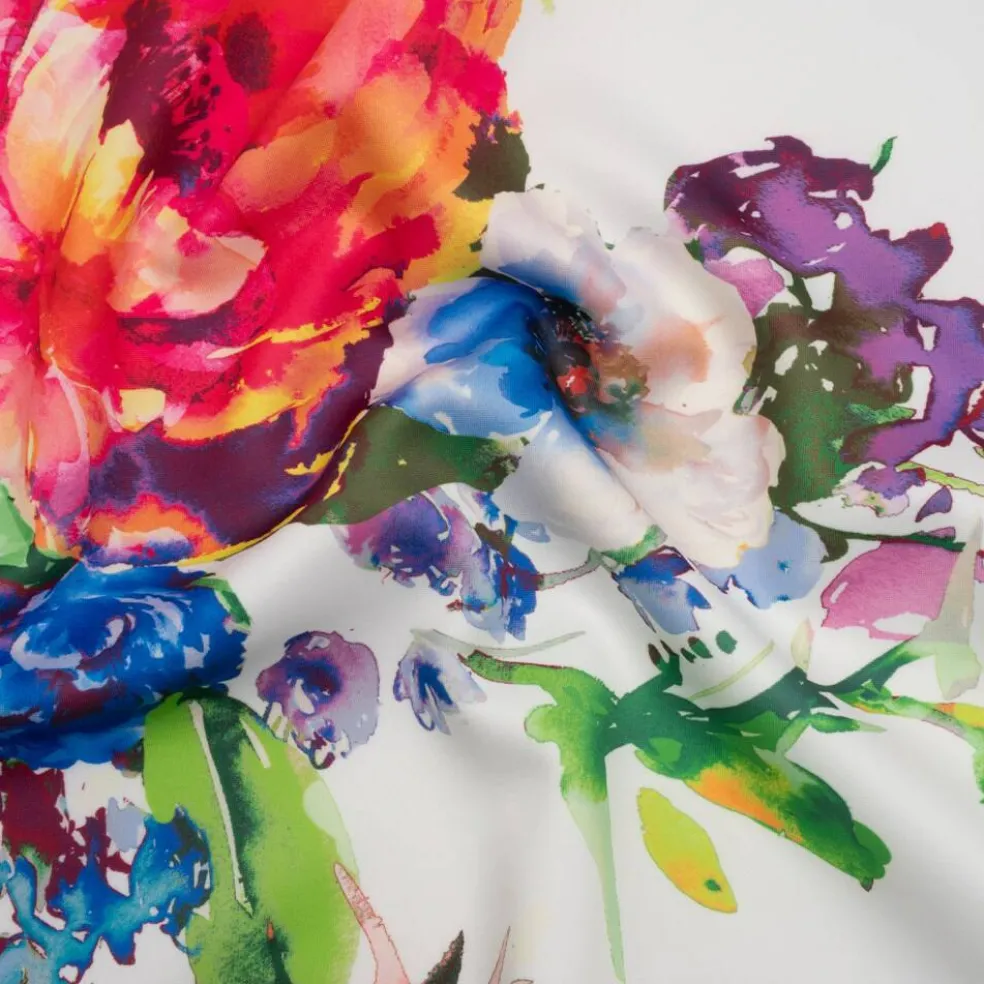1 Yard Painted Roses Border Stretch Polyester Scuba Knit Fabric Red Yellow Blue 60 inch Width