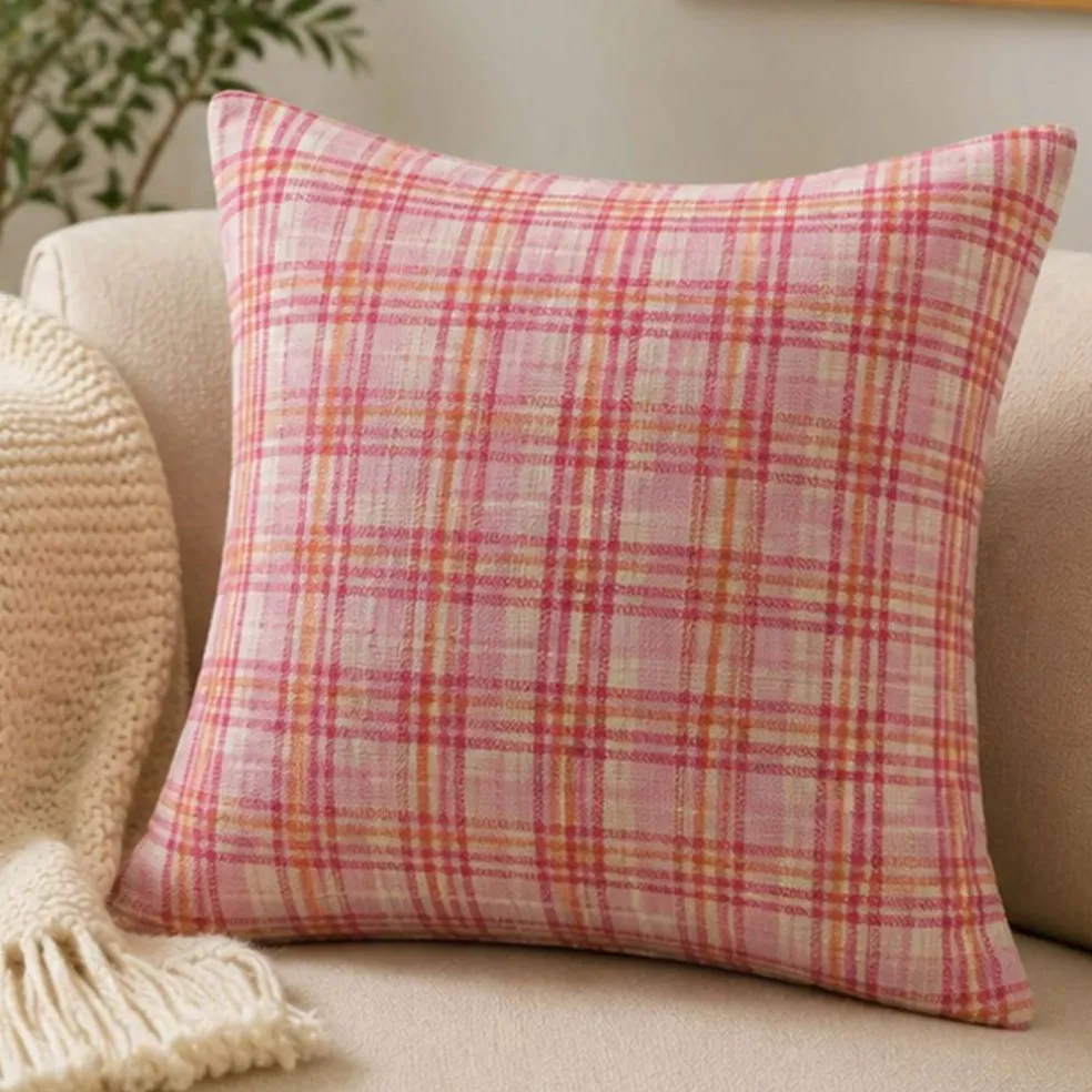 1 Yard Pink Orange and Cream Plaid Lightweight Linen Woven Fabric