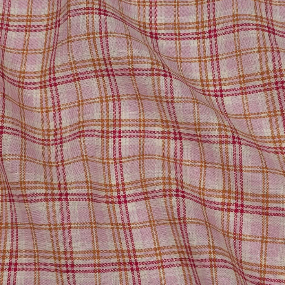 1 Yard Pink Orange and Cream Plaid Lightweight Linen Woven Fabric