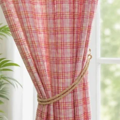 1 Yard Pink Orange and Cream Plaid Lightweight Linen Woven Fabric