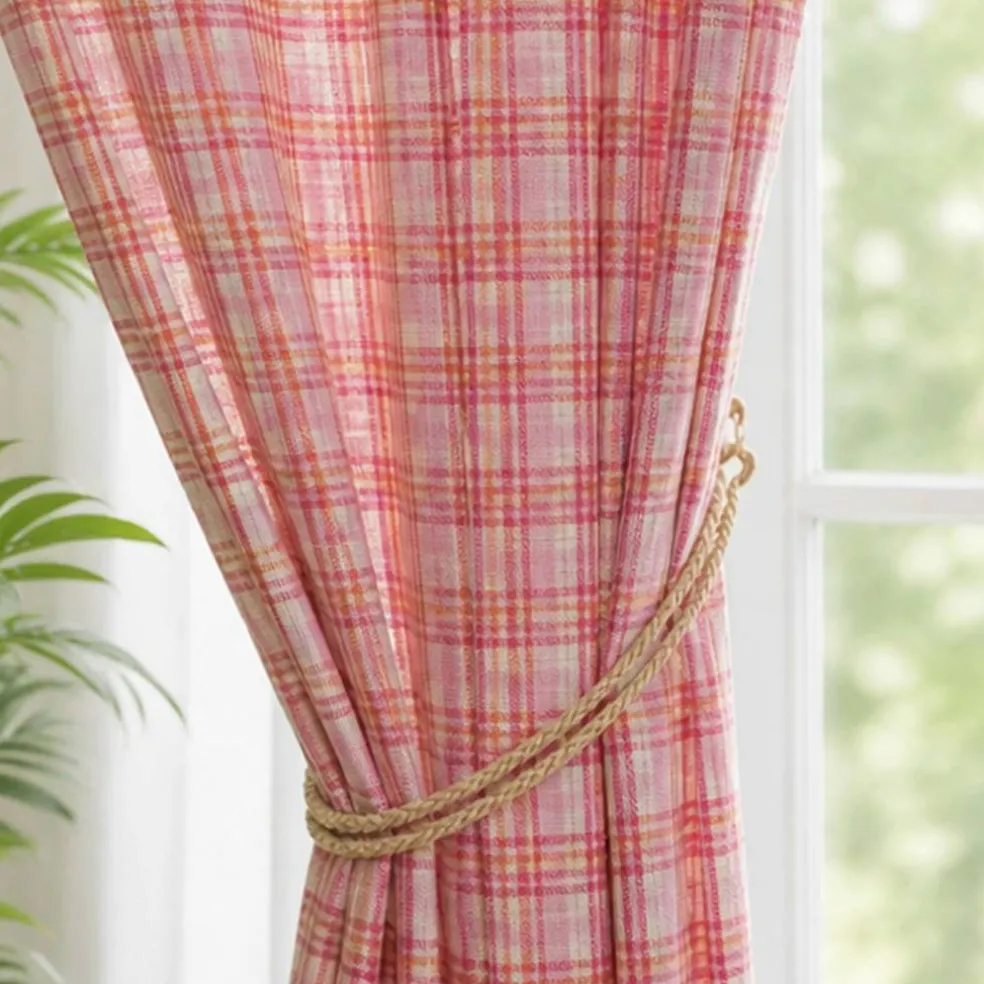 1 Yard Pink Orange and Cream Plaid Lightweight Linen Woven Fabric