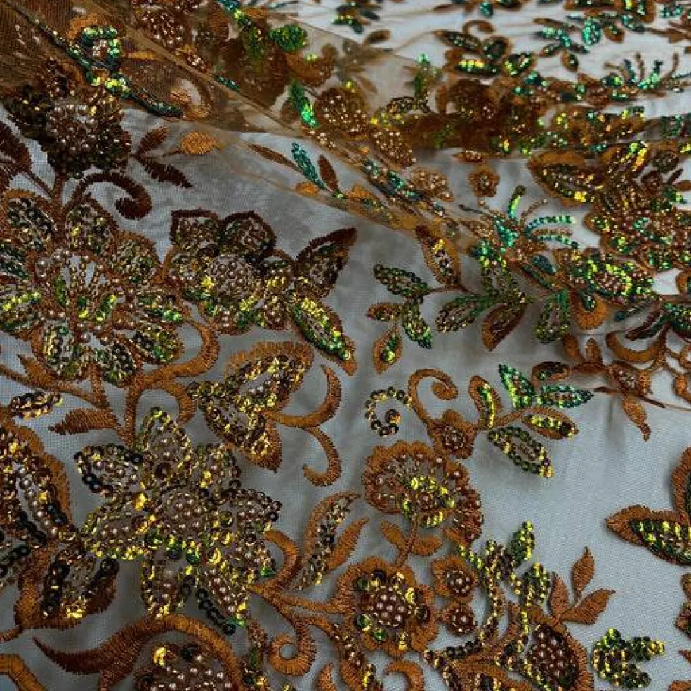 1 Yard Sparkling Beaded and Sequined Lace Fabric Embroidered on Polyester Net Mesh