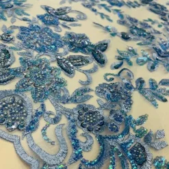 1 Yard Sparkling Beaded and Sequined Lace Fabric Embroidered on Polyester Net Mesh