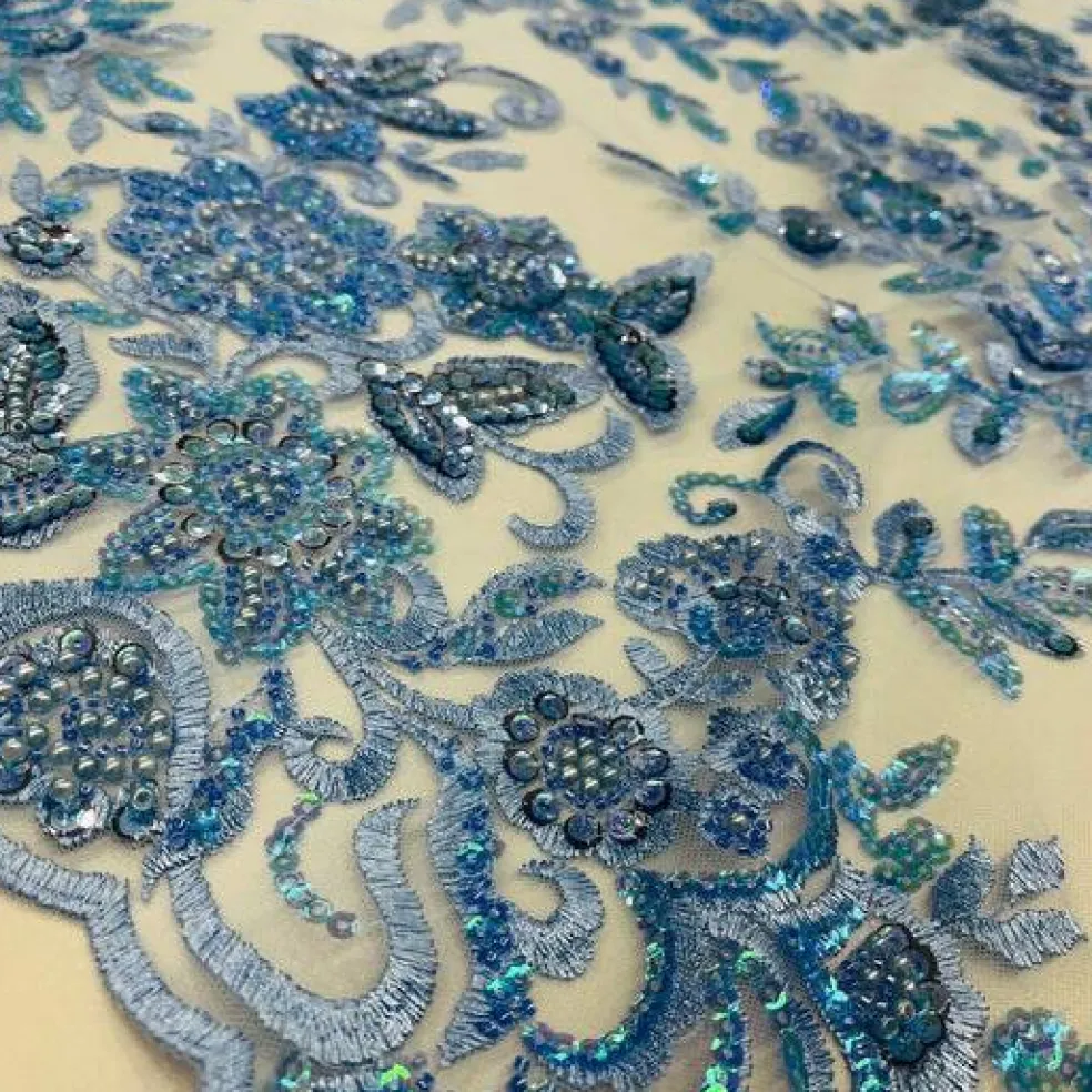 1 Yard Sparkling Beaded and Sequined Lace Fabric Embroidered on Polyester Net Mesh