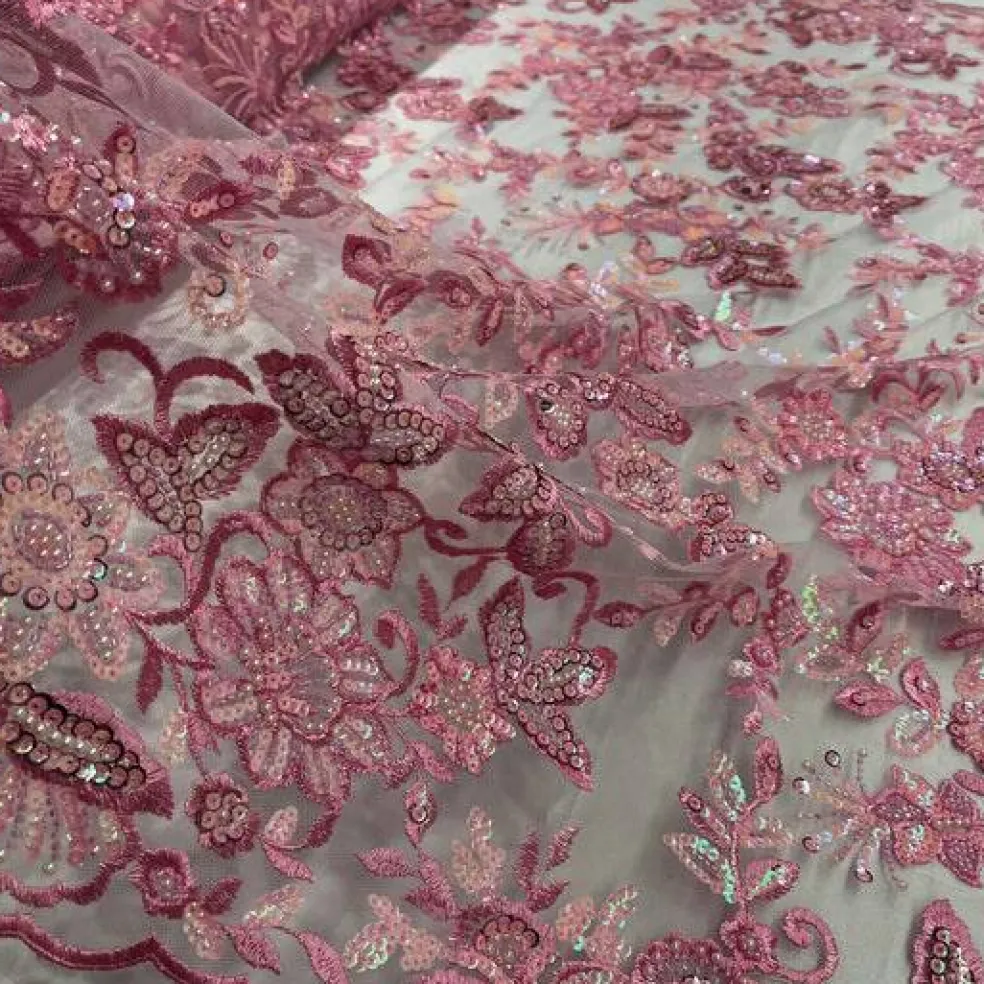 1 Yard Sparkling Beaded and Sequined Lace Fabric Embroidered on Polyester Net Mesh
