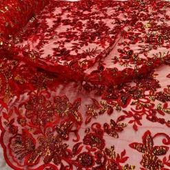 1 Yard Sparkling Beaded and Sequined Lace Fabric Embroidered on Polyester Net Mesh