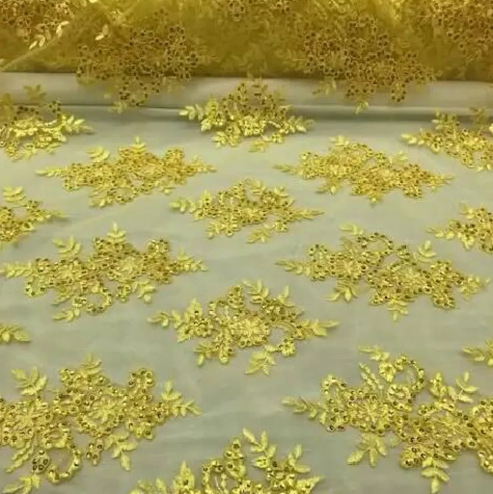 1 Yard Vibrant Yellow Sequin Lace Fabric with Intricate Embroidery on Mesh 54 inches Width