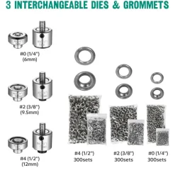Yescom 1/4" 3/8" 1/2" Grommet Tool Kit #0 #2 #4 3-die Grommet Press Machine with 900 sets of Grommets and Washers for Fabric Canvas Tarps