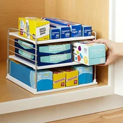 YouCopia UpSpace Cabinet Box Organizer, Adjustable Kitchen and Pantry Shelf for Plastic Wrap and Foil Storage, Large