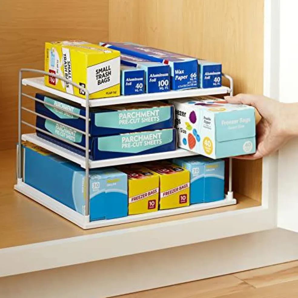 YouCopia UpSpace Cabinet Box Organizer, Adjustable Kitchen and Pantry Shelf for Plastic Wrap and Foil Storage, Large
