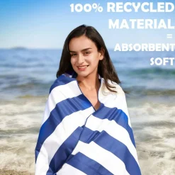 Your Choice Microfiber Beach Towel, Sand-Free Quick Dry Travel Towel, Oversized Compact Lightweight Recycled Towel for Pool Camping - Khaki and Dark Blue Stripe, Extra Large Beach Towel 67x35