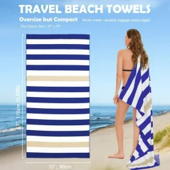 Your Choice Microfiber Beach Towel, Sand-Free Quick Dry Travel Towel, Oversized Compact Lightweight Recycled Towel for Pool Camping - Khaki and Dark Blue Stripe, Extra Large Beach Towel 67x35