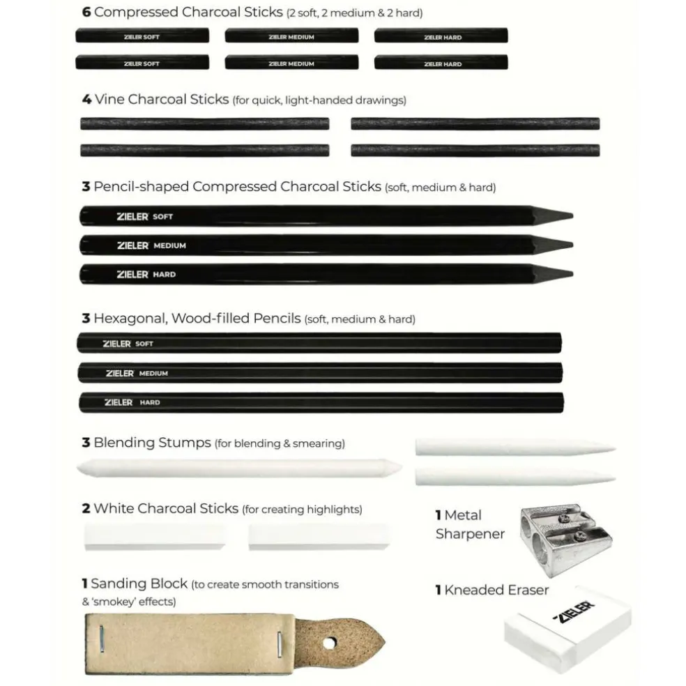 Zieler® 24 Piece Artists Charcoal Drawing Set